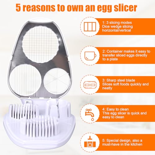 3-in-1 Egg Slicer with Cleaning Brush, 3 Slice Modes Egg Cutter Stainless Steel Dicer Multipurpose Kitchen Chopper Utensil for Hard Boiled Eggs Strawberry Tomato Butter Mushroom