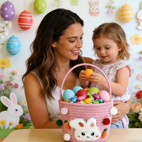 Easter Bunny Baskets for Kids, Baby Easter Empty Egg Basket with Handle, Woven Rope Cute Treasure Egg Hunt Baskets for Boys Girls Toddler, Easter Gifts, Pink ﻿ - color: Pink