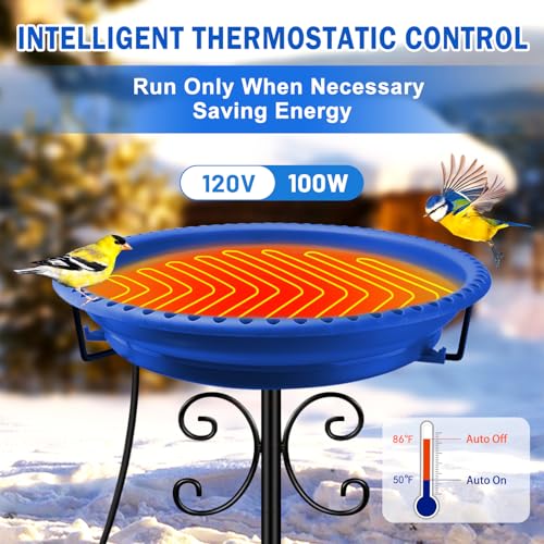 Daoeny Heated Bird Bath for Winter, Upgraded 100W Heated Bird Baths for Outdoors Thermostat Control with 5-Prong Metal Base, Heated Bird Bath for Outside Winter Garden Patio Yard Lawn (Blue) - color: Blue