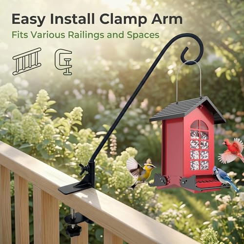 Heavy Duty Deck Hook,360 ° Rotating Design,Pole 15”Long Metal Deck Railing Hooks for Hanging Bird Feeders,Planters,Suet Baskets,Lanterns,Wind Chimes,Clamp Mounted,Only Deck Hook