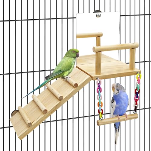 BNOSDM Bird Perch Platform with Mirror, Wooden Climbing Ladder for Parakeet, Small Bird Swing Toys Parrot Cage Accessories Budgie Playground for Cockatiel, Lovebirds, Conures, Finch - color: 4in1 Bird Perch Platform