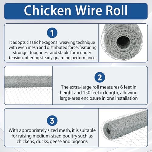 WFLNHB Hexagonal Chicken Wire Poultry Netting Galvanized Mesh Garden Fence Barrier Fence Mesh Roll 6Feet x 150Feet - size: 6FTx150FT