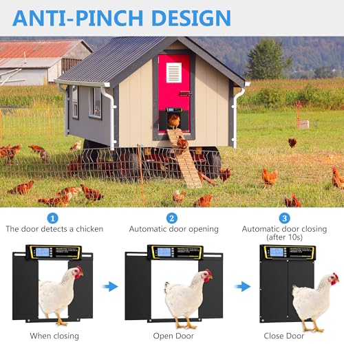 Automatic Chicken Coop Door with Timer & Light Sensor，5000mAh Battery & 3.7W Solar Panel，Anti-Pinch Auto coop Door, Weatherproof for Backyard Chicken Coop