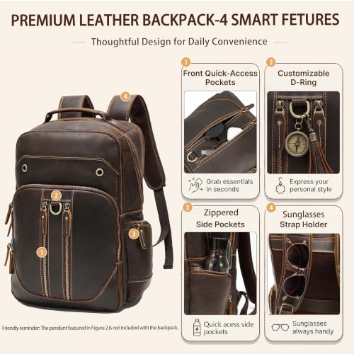 Full Grain Leather 16" Laptop Business Travel Backpack for Men, Brown | Crazy Horse Leather, YKK Metal Zippers, 5 Compartments, Ergonomic S-Straps, Large Capacity, Trolley Sleeve - color: Brown