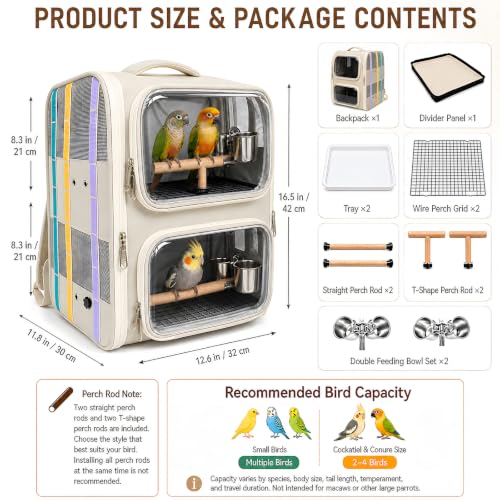 Dual-Level Bird Backpack, Portable Parrot Travel Cage with Removable Divider for 2-4 Small to Medium Birds or 1 Larger Bird,Parrot Bag Carrier with Perch Rods, Feeding Bowls and Trays (Beige)
