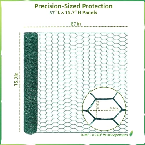 Chicken Wire for Floral Arrangements, Easy to Shape, 15.7 x 87 Inches | Upgraded Green PVC Coated Lightweight Galvanized Hexagonal Chicken Wire mesh, Floral Chicken Wire for Craft, Poultry, Garden