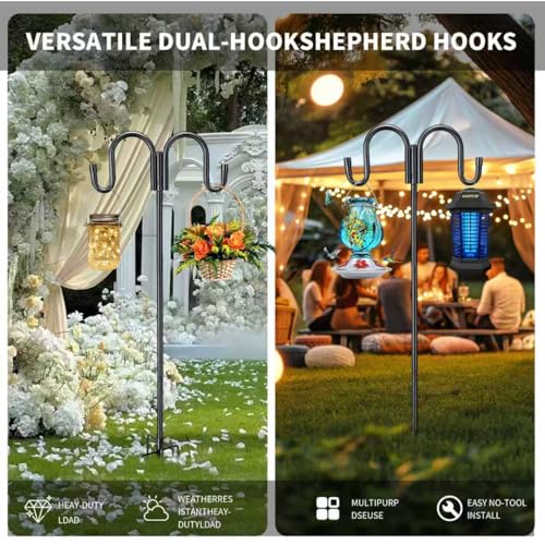 Black Double Shepherds Hook - 67 Inch Adjustable Bird Feeder Pole with 5 Prongs Base - Heavy Duty Rustproof Shepards Hooks for Outdoor Hummingbird Feeder Stand, Solar Lights, Lanterns, Flower Basket