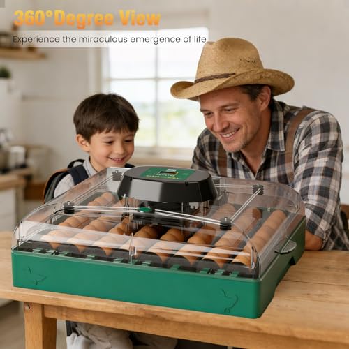 Egg Incubator for Chicken Eggs, Max 72 Egg Incubator with Auto Turner | Large capacity egg hatcher with humidity control, 360° clear view for chicken, duck, quail eggs, farms & classrooms