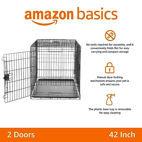 Amazon Basics Portable, Collapsible Metal Wire Dog Crate with Removable Tray, Double Door, Easy to Assemble, Divider Panel for Large Dogs, 42" x 28" x 30", Black - size: 42.0"L x 28.0"W x 30.0"H, style: Double Door w/ Divider