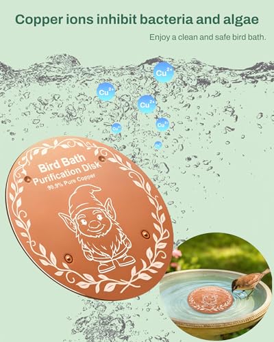 OICEME Bird Bath Purification Disc Pure Copper Backyard Outdoor Solar Power Wild Cleaner Heater Hummingbird Bee Water Humming Feeder Cage Dispenser Ground Safe Heater Bowl Lover Gift - color: 1 pcs Copper Gnome
