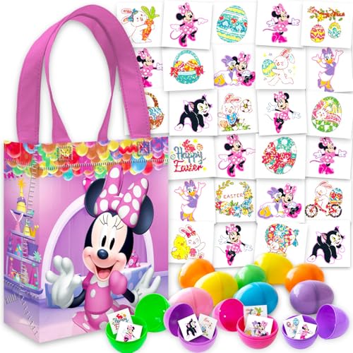 Disney Minnie Mouse Easter Egg Hunt Supplies - Bundle with 12 Fillable Plastic Easter Eggs, 70 Tattoos, 45+ Spring Tattoos, Mini Basket Bag | Minnie Mouse Easter Hunt Set