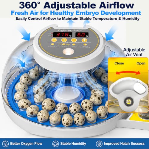 32 Quail Egg Incubator for Hatching Eggs, Dual Power Supply, Automatic Egg Turner, Humidity & Temperature Monitor, Egg Candler, External Water Filling, Bird Egg Incubator for Quail Dove