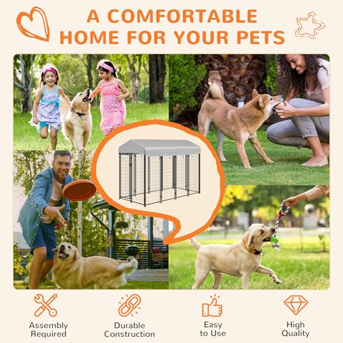 PawHut Outdoor Dog Kennel with Roof for Medium Dogs 8' x 4' x 6' Silver | Heavy Duty Welded Wire Dog Playpen Enclosure, Escape-proof Lock, UV-Resistant & Waterproof Cover, for Chickens, Ducks - size: 96.0"L x 48.0"W x 72.0"H, style: Single Room