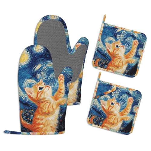 Kitchen Mitts Set,Cute Cat Oven Mitts and Pot Holders Sets,Thick Cotton Heat Resistant Blue Starry Sky Hot Pan Holder Extra Long Cooking Mitts for Cooking Baking Grilling BBQ Bakeries - color: Cute Cat
