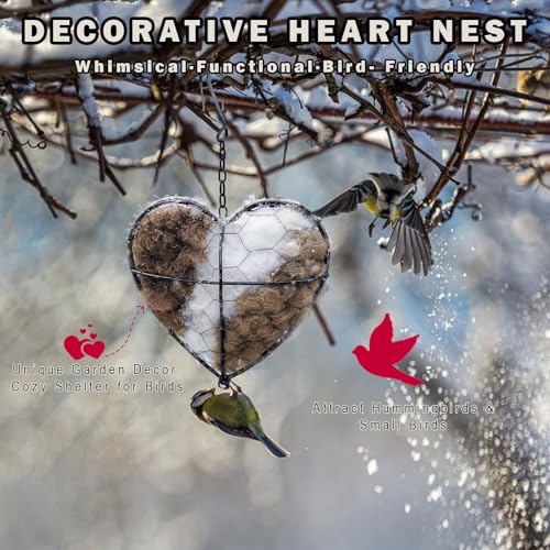 Handmade Alpaca Fiber Bird Nesting Heart, Birds Nests Material Holder, with Refillable Natural Nesting Materials, for Bird Nesting - Outdoor Garden Dispenser & Nesting Material for Wild Birds