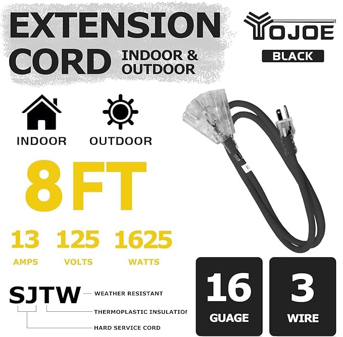 YOJOE 3-Outlets Indoor Outdoor Extension Cord with Lighted End, 3 Prong 13A Weatherproof Power Cord, 16 Gauge Heavy Duty 8 ft Black Extension Cord Multiple Outlets, 16/3 SJTW UL Certified - color: Black, size: 8 Foot, style: Lighted End