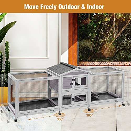 GUTINNEEN 2-Story Rabbit Hutch for 2-4 Bunnies - Wooden Guinea Pig Cage with Wheels, Pull-Out Trays & Waterproof Asphalt Roof, Indoor Outdoor - size: 93.7"L x 22.6"W x 33.5"H