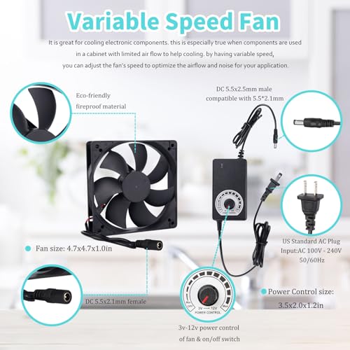 Computer Fan with AC Plug, Variable Speed 120mm AC Fan 110V 120V 220V 240V, for Terrarium Receiver Amplifier Xbox DVR Component Cooling