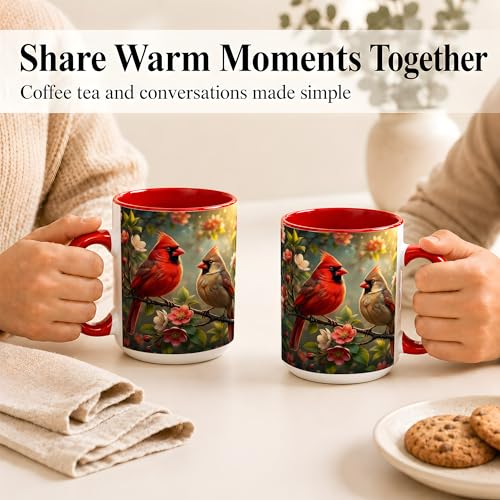 Cardinal Garden Coffee Mug, Bird Lover Mug, Spring Nature Gift for Home Office, Red Songbird Pair with Cherry Blossoms Branch Artwork, Ceramic Red Accent Handle Cup 15 Oz Drinkware (Bird Pair 15oz) - color: Bird Pair 15oz