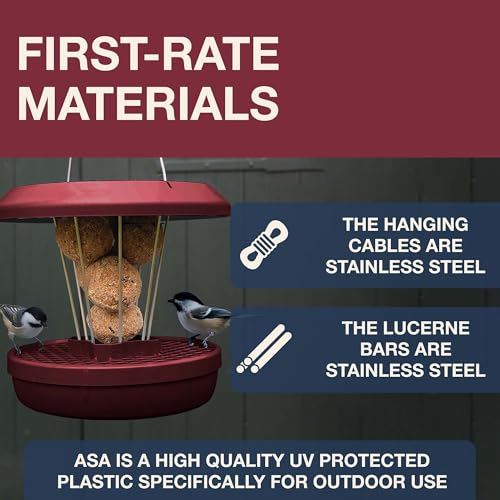 SWISSINNO Bird Feeders - No Mess Fat Ball/Suet Feeder for Outdoors Hanging - Smart Birds Lucerne Spill Proof Wild Cardinal Bird Feeder with Integrated Seed Catcher Tray - Burgundy - color: Burgundy, style: Lucerne