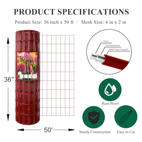 Red PVC Coated Welded Wire Fence 36" x 50' Roll, 2"x4" Mesh, 14 Gauge | Vinyl Coated Garden Fencing, Yard & Pet Barrier, Chicken Wire Fencing, Dog Enclosure Mesh, Vegetable Plant Protector - color: Red, size: 2''x4'' 14GA 36''x50'