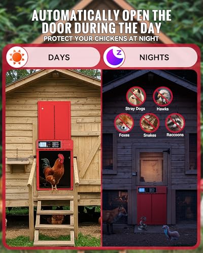 Automatic Chicken Coop Door Solar Powered XL Chicken Door 3 Modes | Aluminum Alloy Build, USB-C Charging, XL Large Opening 10.8x14.2in, Timer Remote Manual Anti-Pinch Safety Waterproof IP65 Red - color: Red