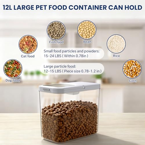 LEAWALK 12 Lbs Airtight Dog Cat Food Storage Container and Dog Treat Containers BPA-Free, PET Clear Stackable Pet Storage Bin, 1-Cup Scoop, 1-Sponge cleaning brush, Pop Top, With handle, Easy Mobility - color: Milky White 12L-A