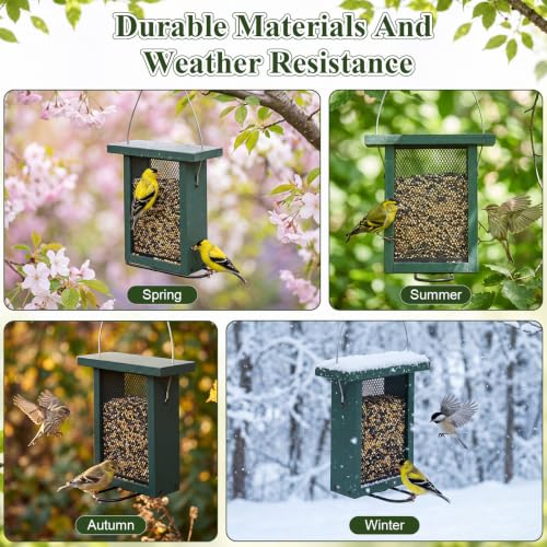 2 Pack Thistle Bird Feeder for Outside Hanging, Heavy Duty Metal Mesh Handmade Wood Feeder, 3 lb Large Seed Capacity, Sliding Mesh, Adjustable Perch, Squirrel Resistant