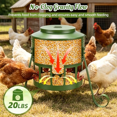 Metal Chicken Feeder, 20Lbs Large No Waste Chicken Feeder with 12 Ports, Heavy Duty Poultry Feeder with Lid & Handle, Rat Proof Rust Proof Feed Box for Chickens Ducks Geese Backyard Farm (Green) - color: Green