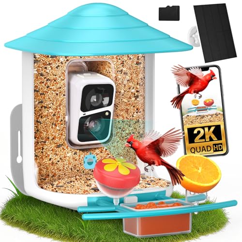 birdsnap® TUC Bird Feeder with Camera Solar Powered 2K Video with 32GB Card | AI Bird Species Identification, Squirrel-Proof, IP65 Waterproof, Outdoor Wireless, 2.4G WiFi, Gift for Mom Dad Bird Lovers - color: Blue