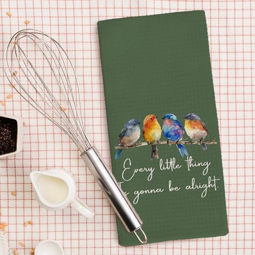 Every Little Thing is Gonna Be Alright Kitchen Towels 16x24 Inch, Sparrow Bird Gifts for Bird Lovers Women, Inspirational Quotes Tea Hand Towels(Green) - color: Green