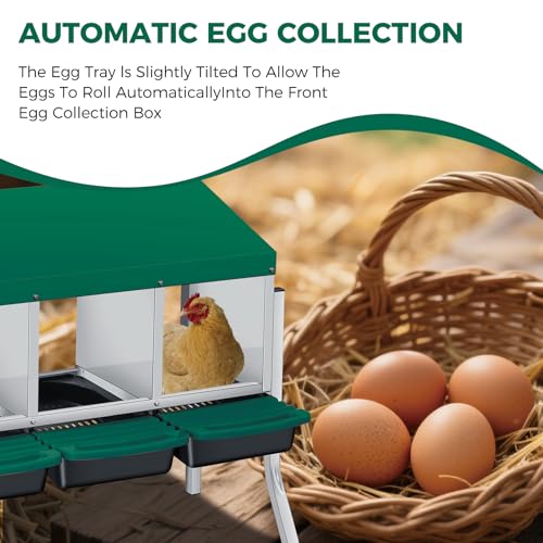 3 Hole Chicken Nesting Boxes, Weatherproof Galvanized Steel Chicken Egg Laying Box with Automatic Rollout Egg Collection, 2-in-1 Handle Perch, Easy Clean & Quick Assemble for Chicken Coop - color: Green, size: 30.7"L x 20.1"W x 20.1"H
