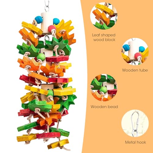 MQ Parrot Chewing Toy for Large and Small Parrots and Birds, Natural Wood Block Tearing Toy with Multicolored Maple Leaf Design, Beak Trimming Toy for African Grey Cockatoos and Amazon Parrots.