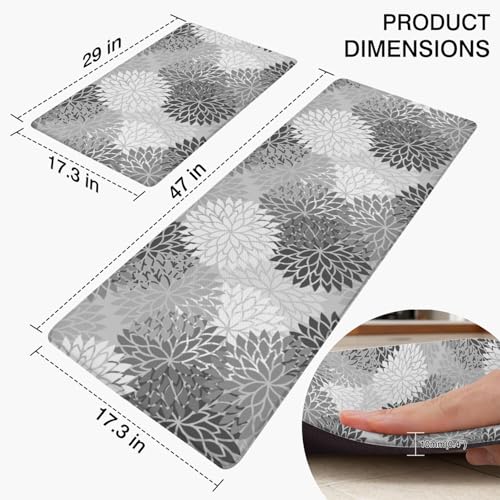 Boho Floral Anti Fatigue Kitchen Mats, 17.3"x47"+17.3"x29", Grey | Cushioned Non Slip Memory Foam Waterproof, Bohemia Kitchen Decor Rugs for Floor, Set of 2 for Sink Laundry Office - color: Grey Floral