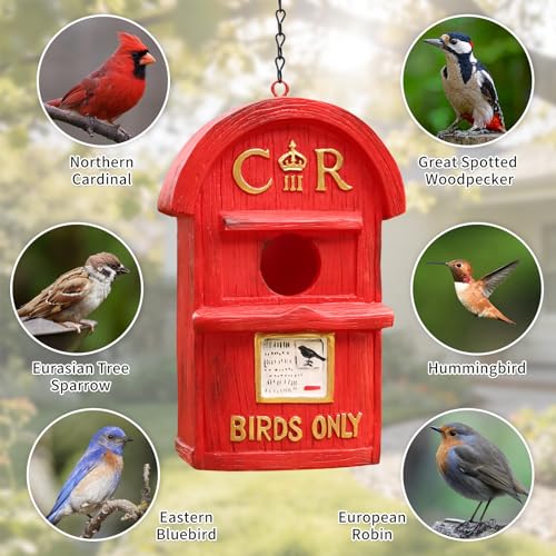 Bird Houses for Outside Red Mailbox Birdhouse with Hand-Painted Resin Birdhouses for Outdoors for Bluebird Finches Cardinals Bird Nesting Garden, Patio, Yard - color: Red