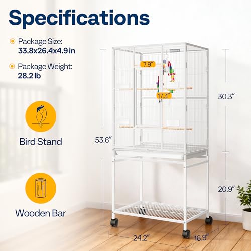 VIVOHOME 54 Inch Wrought Iron Large Bird Cage with Rolling Stand | Bird Flight Cage with Stand, Casters, Slide-out Tray for Parakeets Canaries Parrot Cockatiels Lovebirds Conures, Whtie - color: White