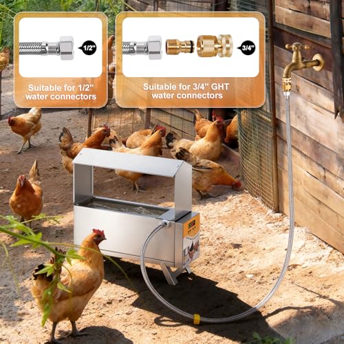 Chicken Waterer Heated 2 Gallon Chicken Water Heater for Winter Stainless Steel Poultry Drinker Heater Anti Freezing Watering Dispenser for Coop, Thermostatically Controlled