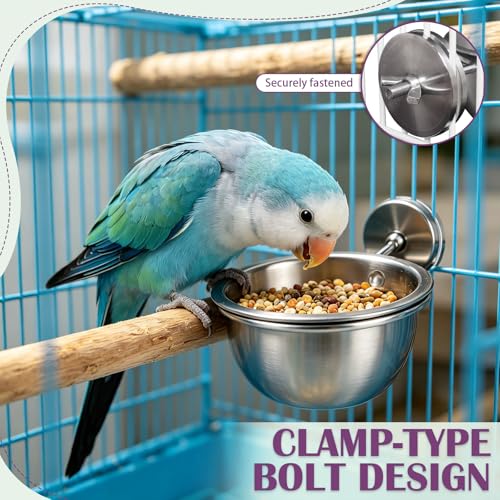 Anti-Tip Bird Bowls for Water and Food, Heavy Duty 304 Stainless Steel Parrot Feeder Cups with Locking Buckle, Bird Cage Accessories for Parakeet Cockatiel Conure Budgie, 12.5oz