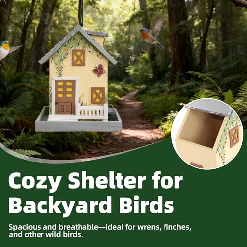 MEWANG Outdoor Hanging Bird Feeder, Decorative Wooden Bird House Without Camera for Hummingbirds, Cardinals & Bluebirds (Light Yellow) - color: Light Yellow