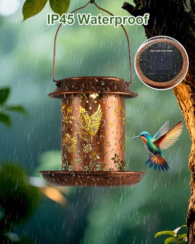 Solar Bird Feeder for Outdoors, Hanging Metal Bird Feeders with Flying Bird Carved Design, Auto-On Night Light, for Hummingbirds Cardinals Orioles Finches Bluebirds, Unique Gift for Bird Lovers - size: 6.4”