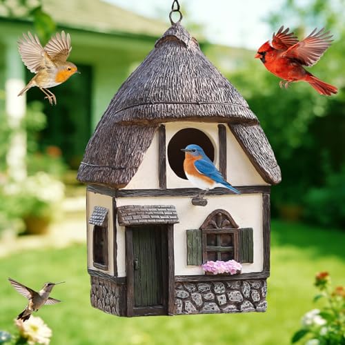 Bird Houses for Outside Cottage Birdhouse with Thatch Roof – Hand-Painted Resin Birdhouses for Outdoors for Bluebird Finches Cardinals Bird Nesting Garden, Patio, Yard - color: White