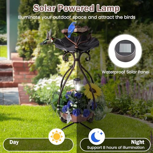 Giantex Bird Bath with Planter - Solar Lighted Bird Bath for Outside with Bird Feeder, Lotus Water Bowl for Bathing, Flower Planter with Drainage Holes, Standing Birdbath for Garden Yard (Bronze) - color: Bronze