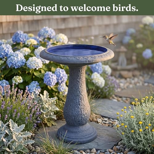Pedestal Birdbath with Solar Fountain, Resin Stone Composite Outdoor Garden Decor, Standing Bird Bath for Outside Patio Yard, 23-Inch Tall, Garden Fountain, Resin Bird Baths, Hummingbird Bowl - color: Sea Blue