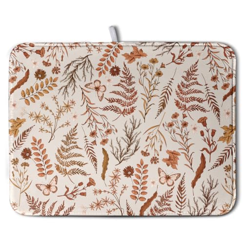Burnt Orange Fall Floral Dish Drying Mat Autumn Wildflower Absorbent Microfiber Kitchen Counter Mat Rustic Vintage Herb Plant Dish Drying Pad Washable Dishes Drainer Mats Extra Large 18"x24" - color: Burnt Orange Fall, size: 18" x 24"