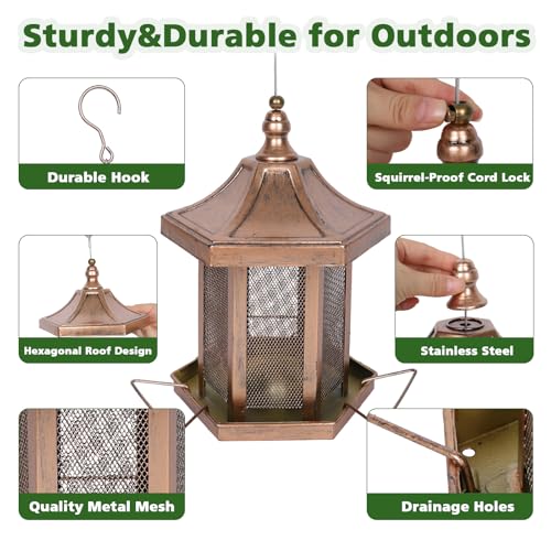 Metal Bird Feeder for Outdoors Hanging, Hexagon Bird Feeders for Garden Yard, 3LB Wild Birdfeeder Squirrel Proof for Outside
