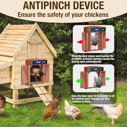 Automatic Chicken Door Easy Program 3 Modes - Manual, Timer and Light Sensor Anti-Pinch Auto Opening and Closing Chicken Coop Door Powered by Battery/DC(Brown)