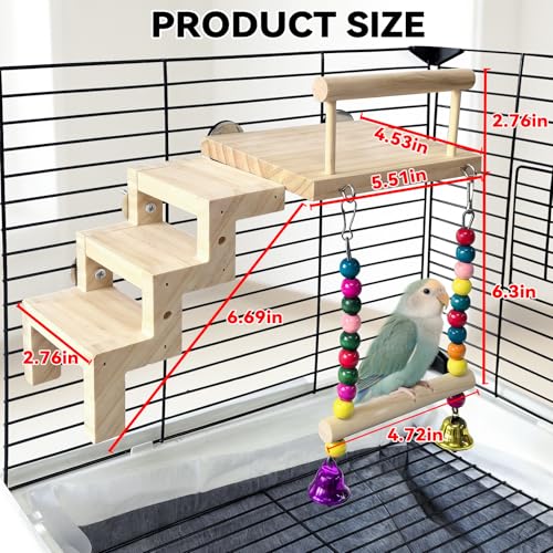 Bird Perch Platform with Ladder & Swing,Parrot Wooden Play Gym Cage Toys | Bird Wood Playing Exercise Stands Perches,Parakeet Climbing Ladder Playground Cage Accessories for Cockatiel Budgie Lovebird - size: Bird Perch Platform with Ladder Swing