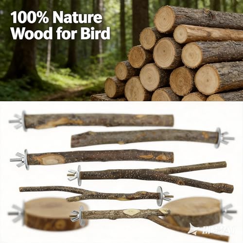 8PCS Bird Perch Stand, Natural Wood Parrot Stand Branch Paw Grinding Y Fork,Bird Cage Branch with Wooden Hanging Perch Platform Hammock Swing Toy for Small Parakeets,Budgies,Cockatiels,Conures,Finches