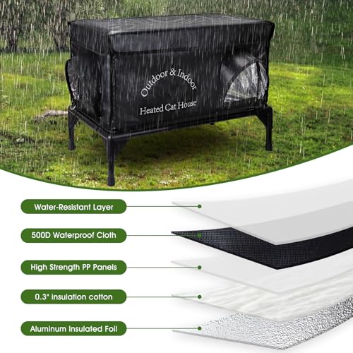 Heated Cat House for Outside Cat in Winter, Insulated Outdoor Feral Cat Shelter with Cat Heating Pad, 2 Doors,Elevated Waterproof Heated Kitty House (Black, 25"x13.7"x18") - style: Black Cat House 02