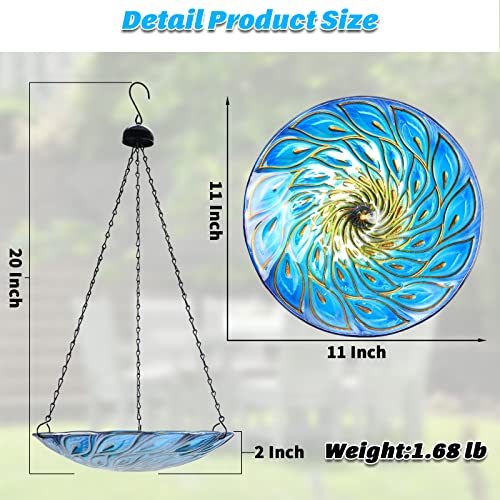 Hanging Glass Bird Bath Peacock Outdoor Birdfeeder Garden Yard Decor | 11-inch Hanging glass bird bath for outdoor bird drinking and bathing creating a beautiful backyard wildlife habitat - color: blue